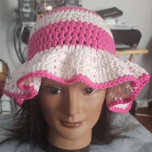 Crochet Pink and white Ruffle Bucket Hat - Picture 1 of 4